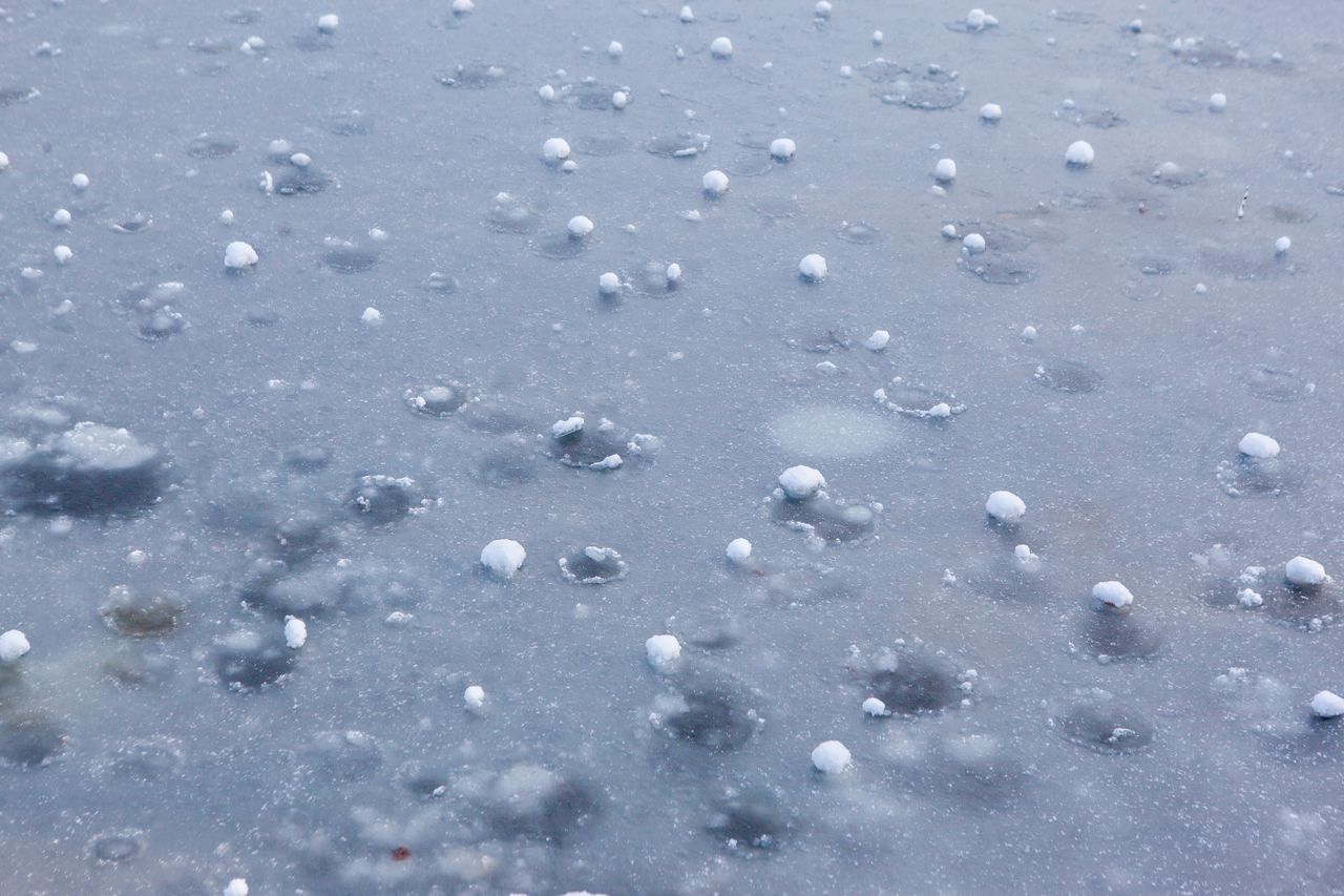 Granizo menudo esparcido sobre una superficie helada.